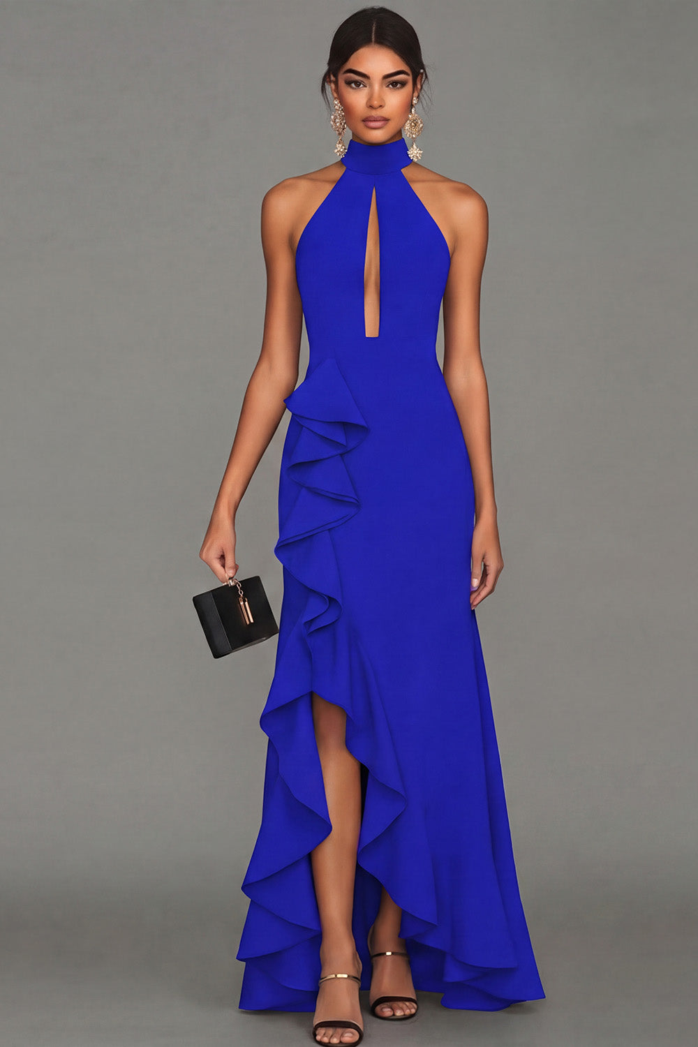 Long Black High Neck Formal Dress with Ruffles