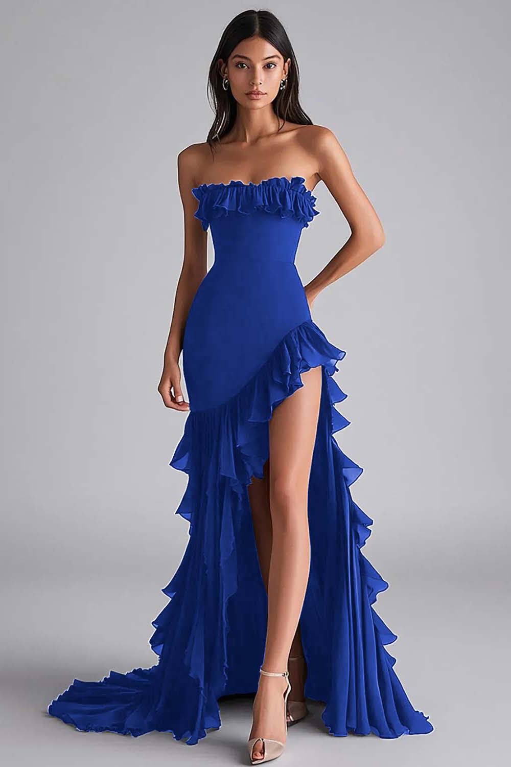 Strapless Black Tiered Long Square Neck Formal Dress with Slit