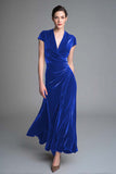 Caramel Velvet Ruched V Neck Long Holiday Party Dress with Sleeves