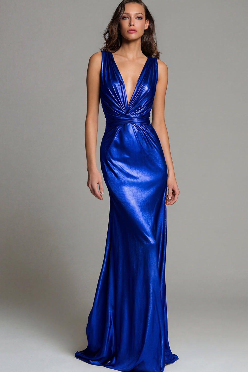 Sparkly Gold Deep V-Neck Metallic Long Formal Dress