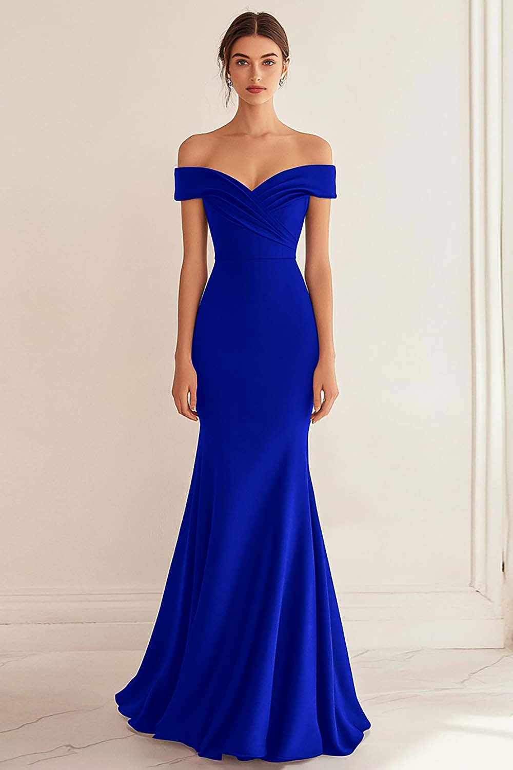 Navy Satin Off the Shoulder Sheath Long Formal Dress