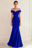 Navy Satin Off the Shoulder Sheath Long Formal Dress