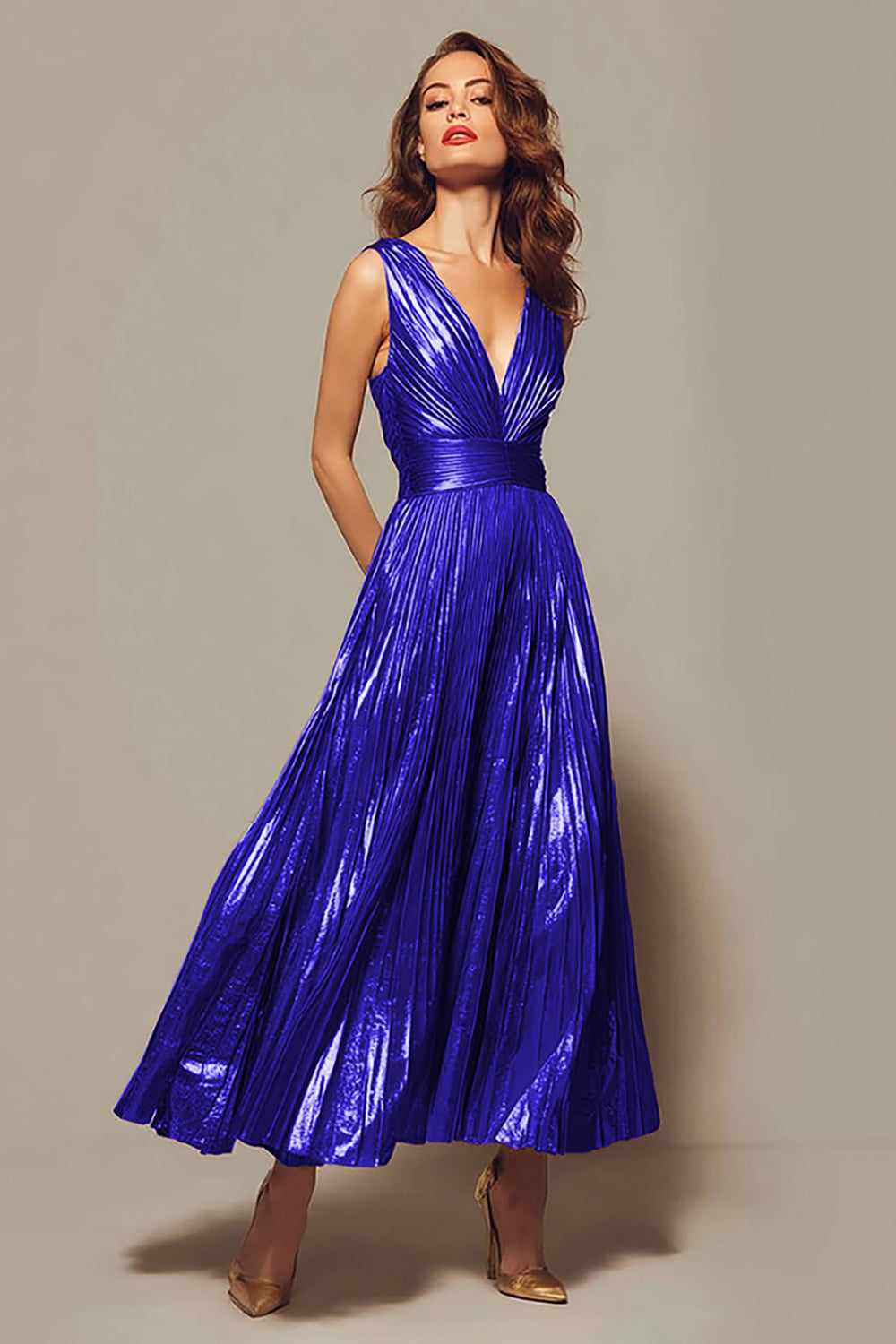 Sparkly Gold Metallic Pleated V-Neck A-Line Long Formal Dress