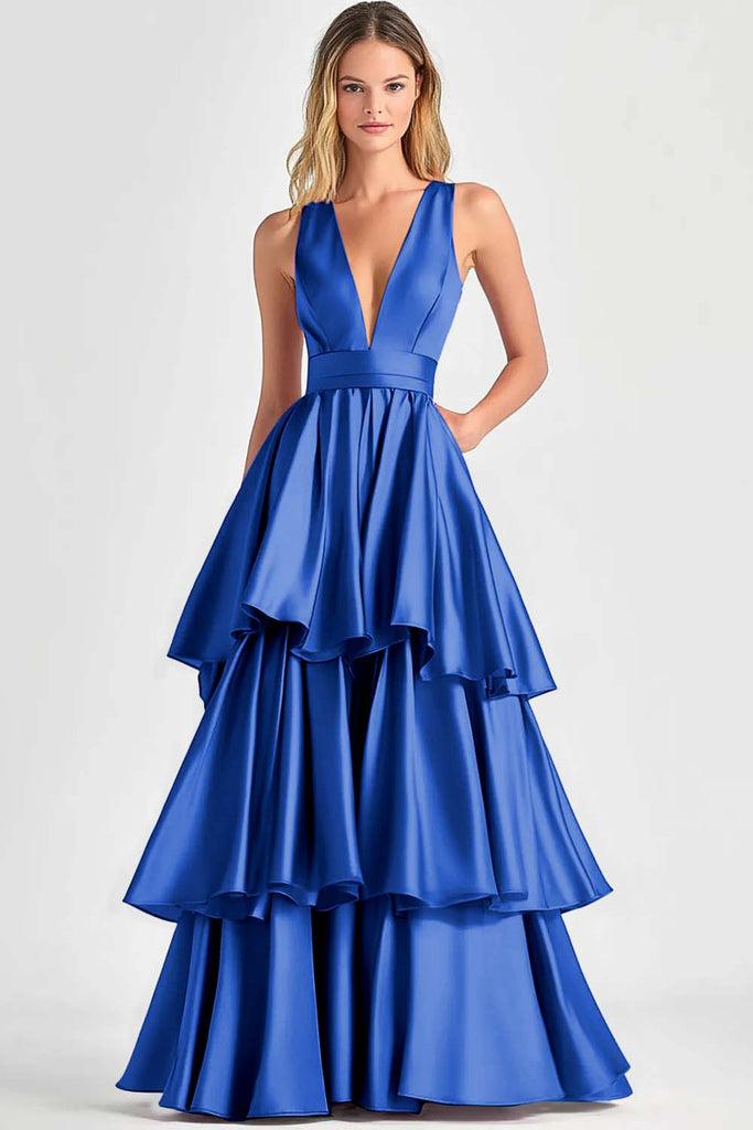 V Neck Satin Fuchsia A Line Prom Dress