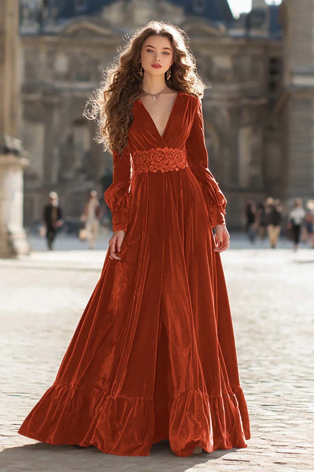Zapakasa Women Brown Velvet Long Formal Dress with Sleeves A Line V-Neck Ruched Evening Dress with Ruffles Zapakasa Women Brown Velvet Long Formal Dress with Sleeves A Line V-Neck Ruched Evening Dress with Ruffles