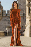Caramel Velvet Ruffled Mermaid Long Sleeves Holiday Party Dress with Slit