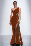 Black Velvet One Shoulder Mermaid Long Holiday Party Dress with Sequins