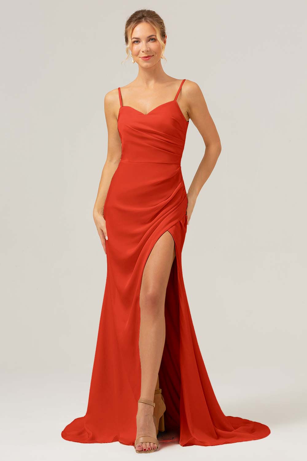 ZAPAKASA Women Simple Dusty Sage Long Bridesmaid Dress with Slit Spaghetti Straps Wedding Party Dress
