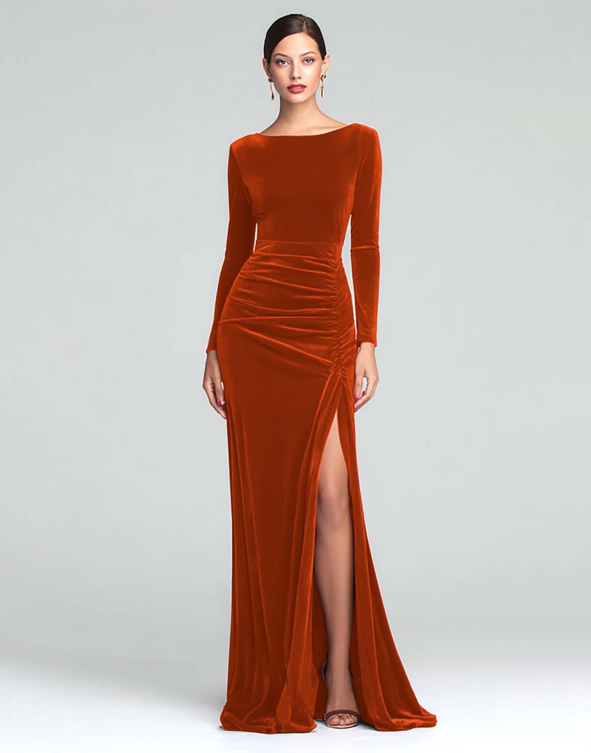 Burgundy Boat Neck Velvet Ruched Long Sleeves Holiday Party Dress