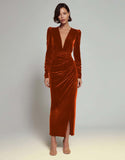 Olive Sheath Velvet Deep V-Neck Long Holiday Party Dress with Sleeves