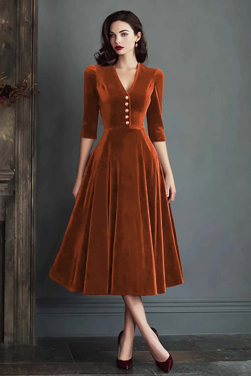 burgundy a line midi dress Anewsta Women's Burgundy A Line Midi Dress,Exquisite Folk Embroidery Scallop Trim Half Puff Sleeves Stand Collar,Pink Floral,Summer,Modest,Dining,Party Dress