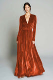 Brown Velvet Long Sleeves Holiday Party Dress A Line Pleated V-Neck Formal Dress