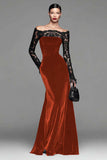 Burgundy Velvet Mermaid Long Sleeves Holiday Party Dress with Lace