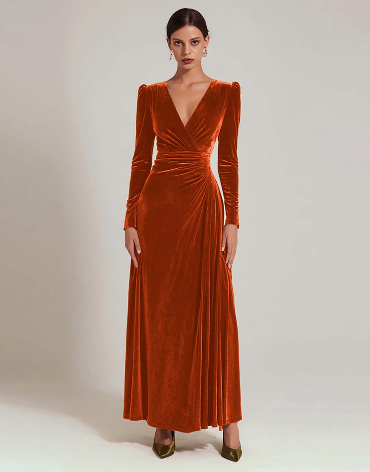 Zapakasa Women Olive Velvet Long Holiday Party Dress with Sleeves A Line V-Neck Evening Dress Zapakasa Women Olive Velvet Long Holiday Party Dress with Sleeves A Line V-Neck Evening Dress