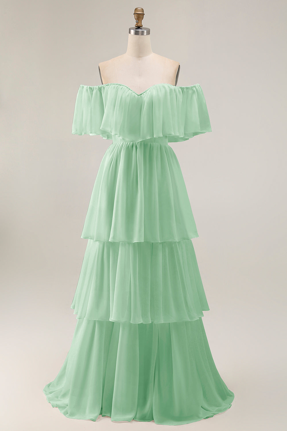 White Chiffon Tiered Off the Shoulder Boho Sweep Train Wedding Dress