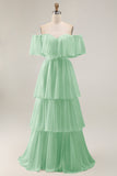 White Chiffon Tiered Off the Shoulder Boho Sweep Train Wedding Dress