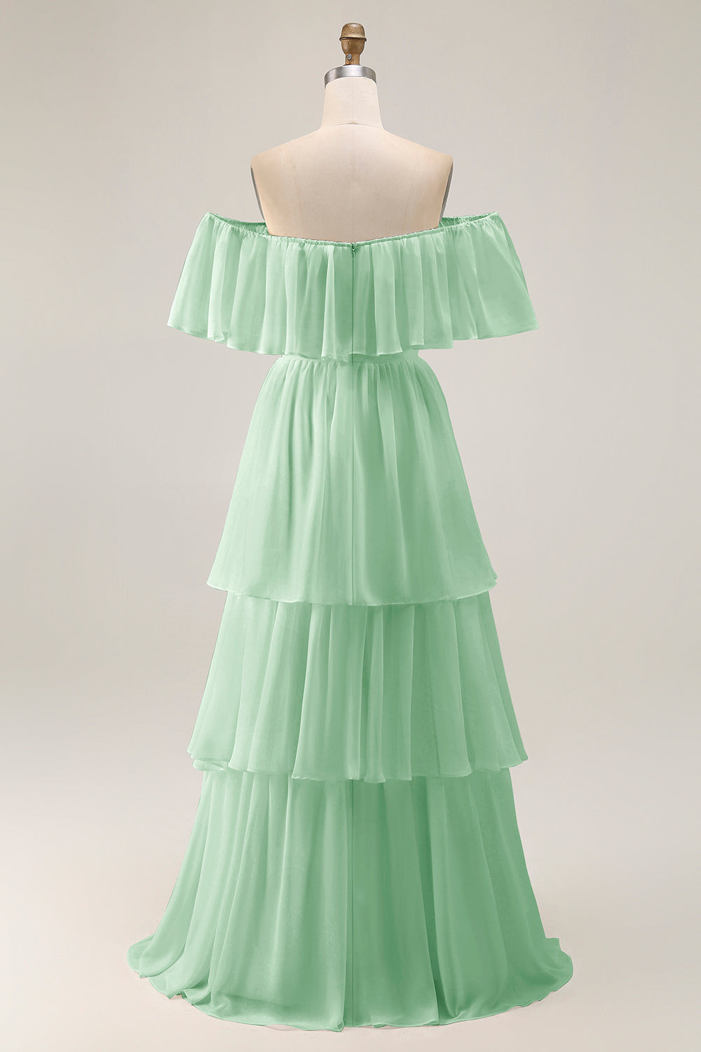 White Chiffon Tiered Off the Shoulder Boho Sweep Train Wedding Dress