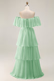 White Chiffon Tiered Off the Shoulder Boho Sweep Train Wedding Dress