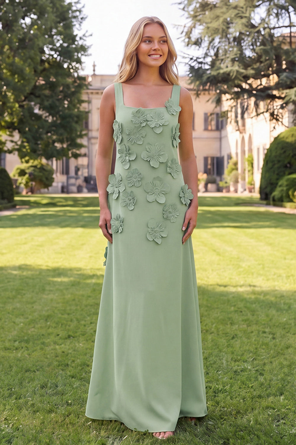 Hot Pink A Line Square Neck Floral Maxi Wedding Guest Dress