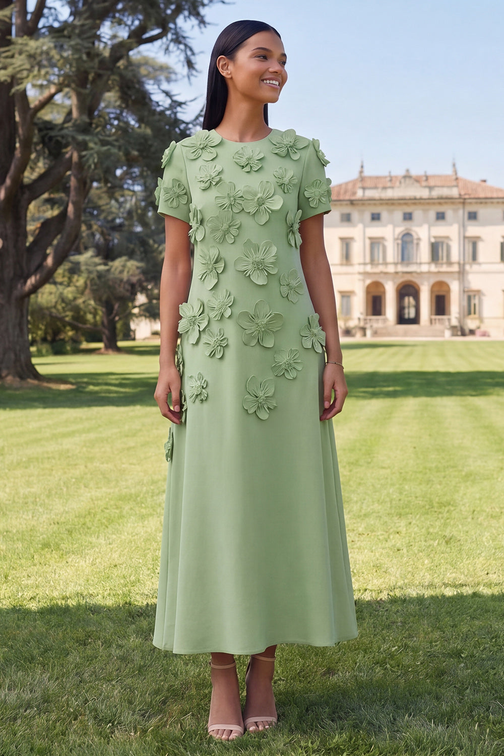 Butter Yellow A Line Round Neck Floral Maxi Wedding Guest Dress with Sleeves