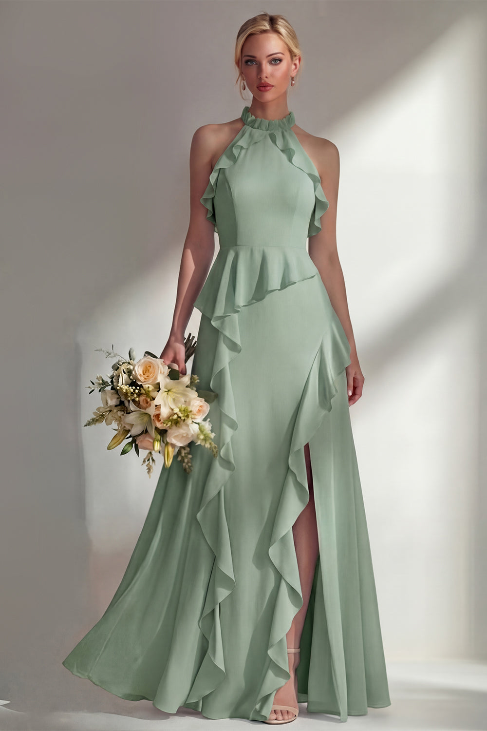 A Line High Neck Ruffled Butter Yellow Long Beach Bridesmaid Dress with Slit