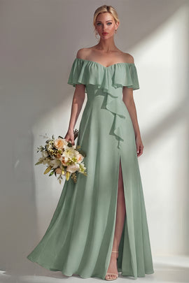 Off the Shoulder A Line Ruffled Sage Green Long Beach Bridesmaid Dress with Slit
