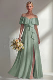 Off the Shoulder A Line Ruffled Sage Green Long Beach Bridesmaid Dress with Slit