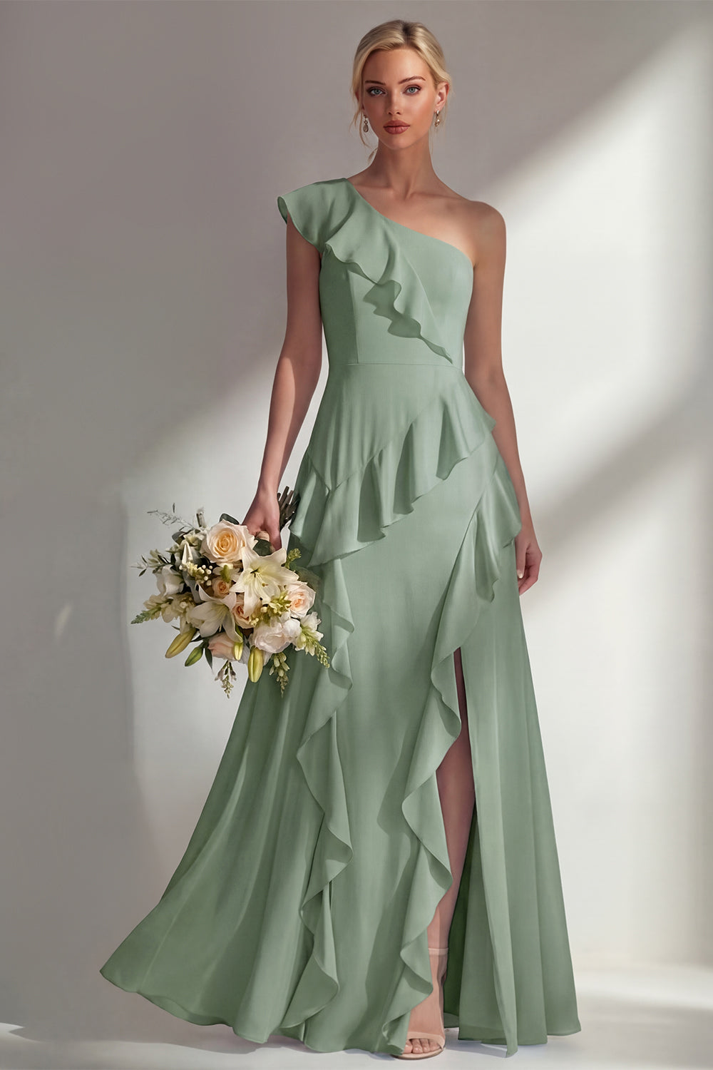 Emerald One shoulder A Line Ruffled Long Beach Bridesmaid Dress with Slit