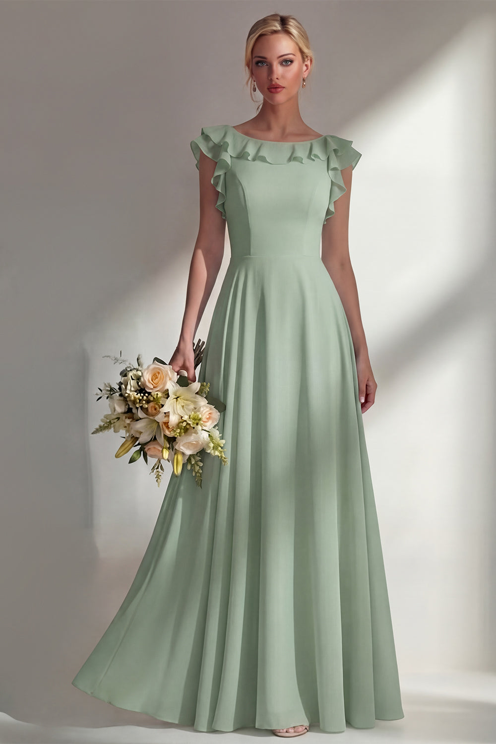 Boat Neck A Line Dusty Blue Long Beach Bridesmaid Dress with Ruffles