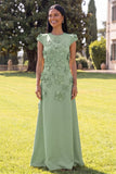 Butter Yellow A Line Round Neck Floral Long Wedding Guest Dress with Sleeves