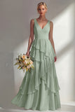 V-Neck A Line Light Pink Long Beach Bridesmaid Dress with Ruffles
