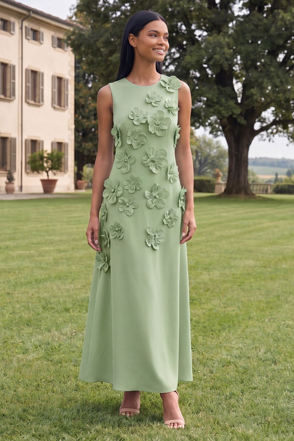 Hot Pink A Line Round Neck Floral Maxi Wedding Guest Dress