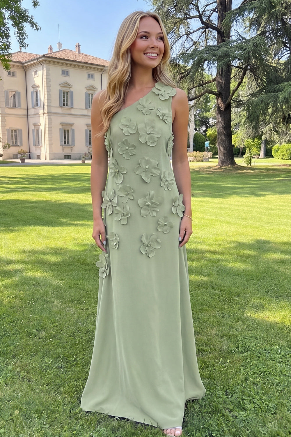Yellow Sheath One Shoulder Floral Maxi Wedding Guest Dress