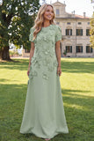 Round Neck Blue A Line Floral Long Wedding Guest Dress with Sleeves