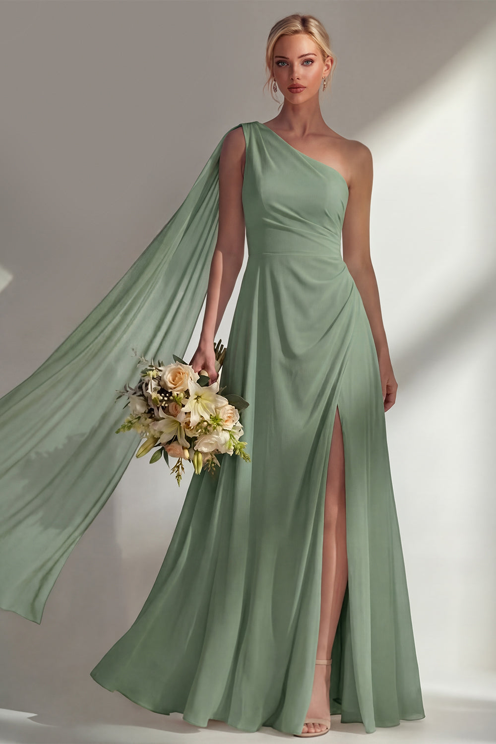 One Shoulder Ruched Burgundy A Line Long Beach Bridesmaid Dress with Side Cape