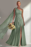 One Shoulder Ruched Burgundy A Line Long Beach Bridesmaid Dress with Side Cape