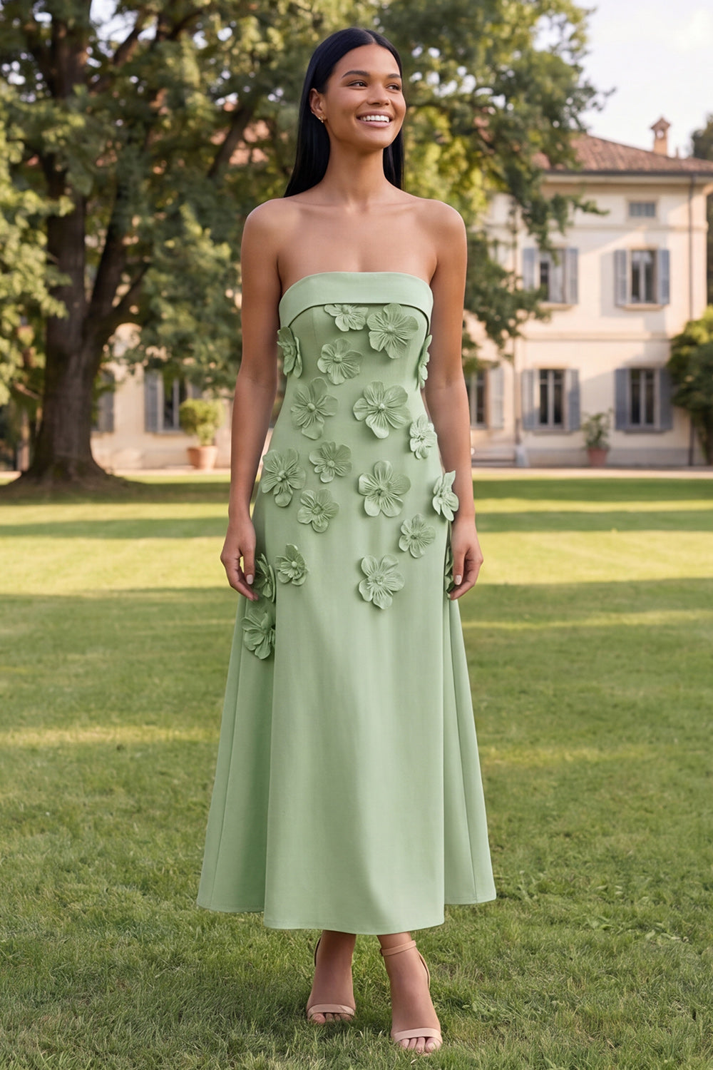Yellow A Line Strapless Floral Maxi Wedding Guest Dress