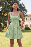 Blue Short Floral Square Neck A Line Homecoming Dress with Pockets