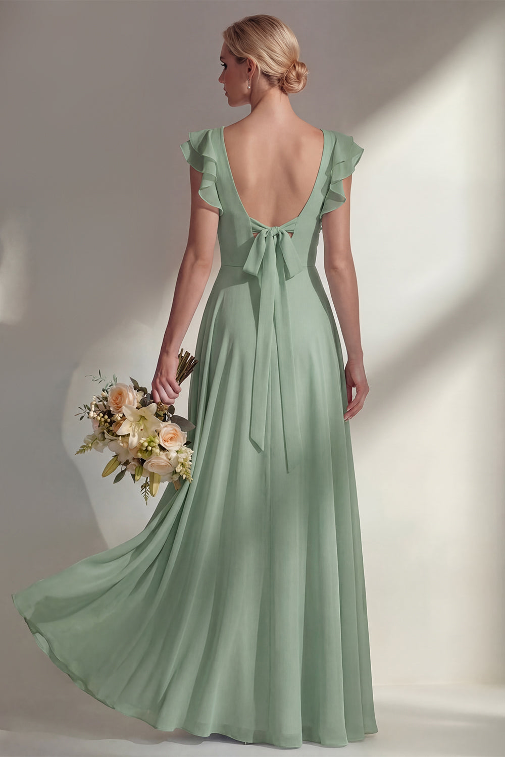 Boat Neck A Line Dusty Blue Long Beach Bridesmaid Dress with Ruffles