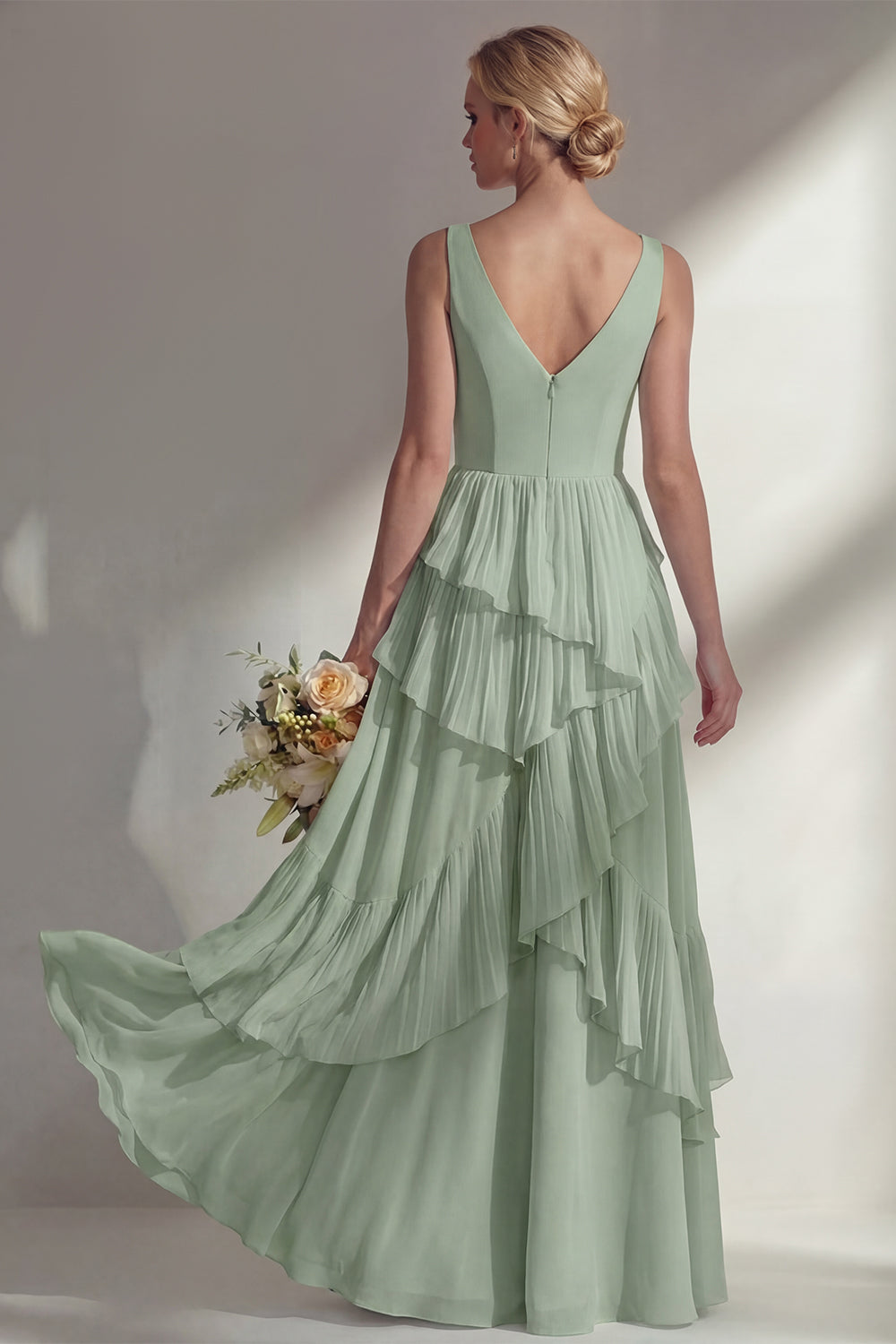 V-Neck A Line Light Pink Long Beach Bridesmaid Dress with Ruffles