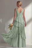 V-Neck A Line Light Pink Long Beach Bridesmaid Dress with Ruffles