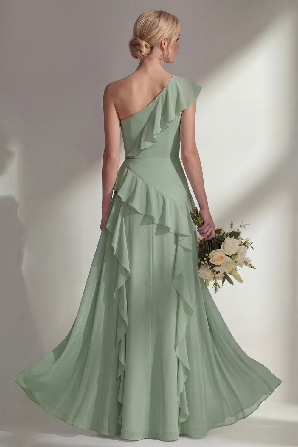 Emerald One shoulder A Line Ruffled Long Beach Bridesmaid Dress with Slit