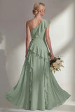 Emerald One shoulder A Line Ruffled Long Beach Bridesmaid Dress with Slit