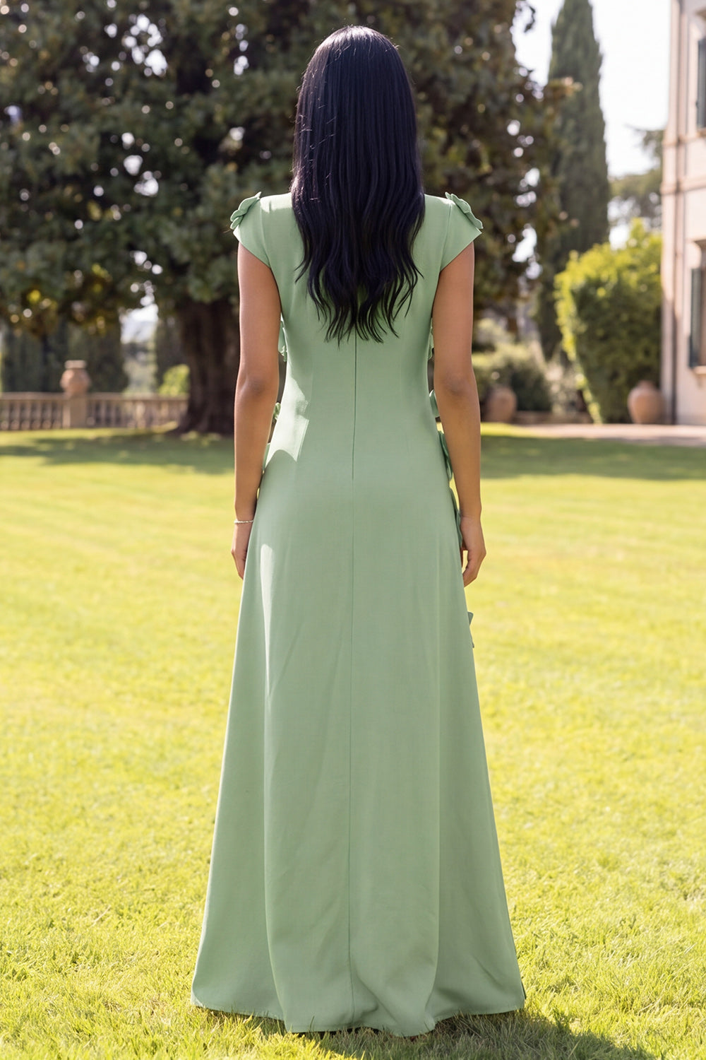 Butter Yellow A Line Round Neck Floral Long Wedding Guest Dress with Sleeves