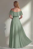Off the Shoulder A Line Ruffled Sage Green Long Beach Bridesmaid Dress with Slit