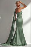Burgundy Satin Mermaid Neck Scarf Ruched Long Prom Dress