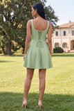 Blue Short Floral Square Neck A Line Homecoming Dress with Pockets