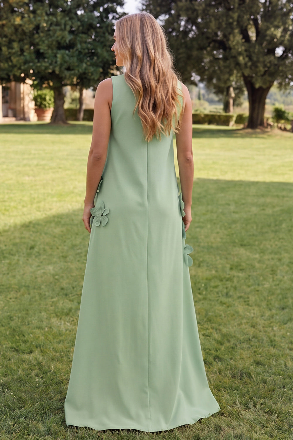 Blue A Line High Neck Floral Long Wedding Guest Dress