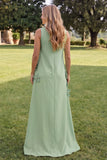 Blue A Line High Neck Floral Long Wedding Guest Dress