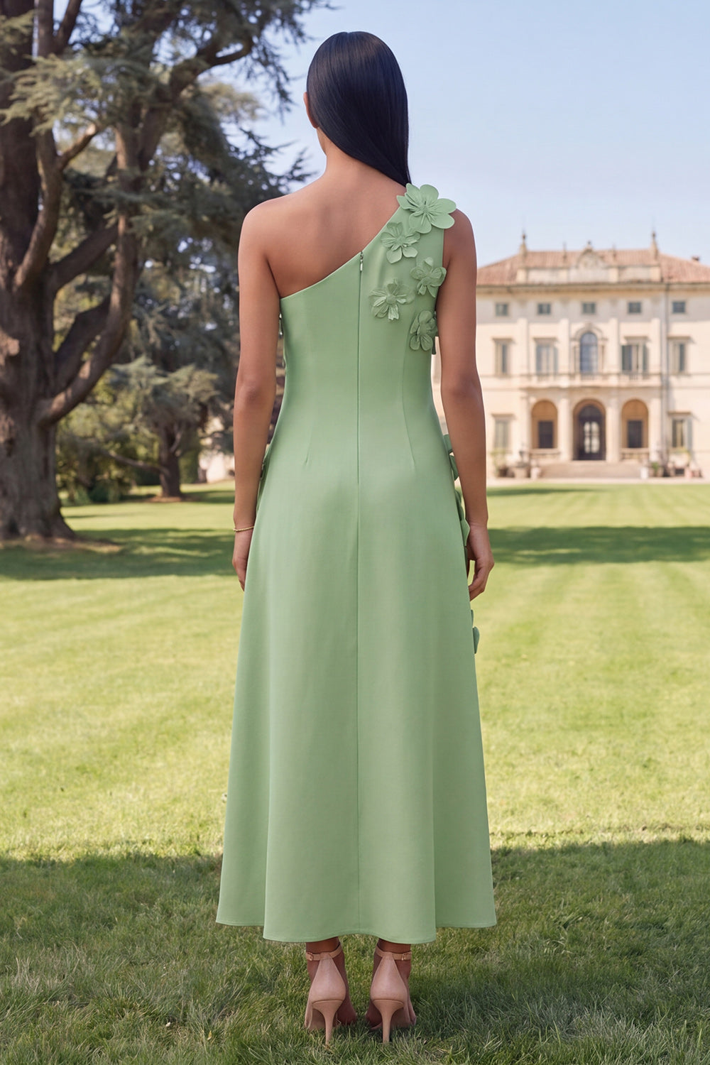 Floral Hot Pink One Shoulder A Line Maxi Wedding Guest Dress